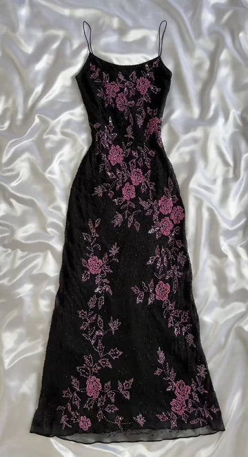 Black Retro Elegant Pink Beaded Chiffon Prom Dress Evening Dress Birthday Party Dress HZ1023